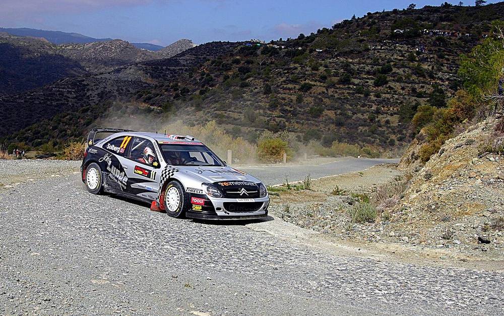 A rally car on a Cyprus Rally gravel stage (2009)